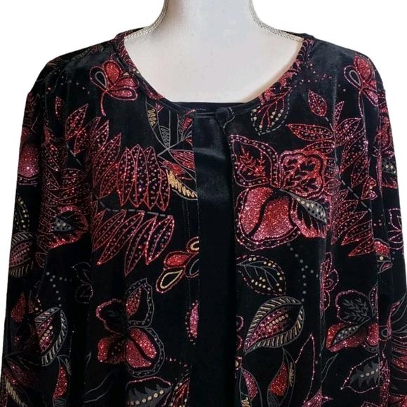 Elementz Woman Black Floral Glitter Print  Velour Jacket Size 3X Fairy Holiday - Picture 2 of 12